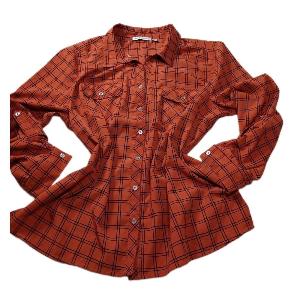 Notations Womens XL Plaid Button Down Shirt Rust Orange Roll Tab Sleeve Blouse
